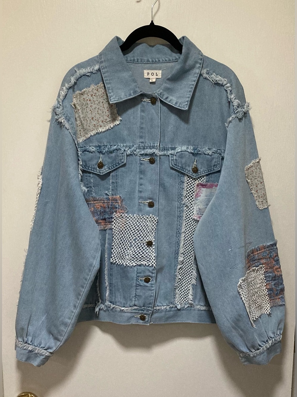 POL Light Wash Denim Jacket with Patchwork Accents